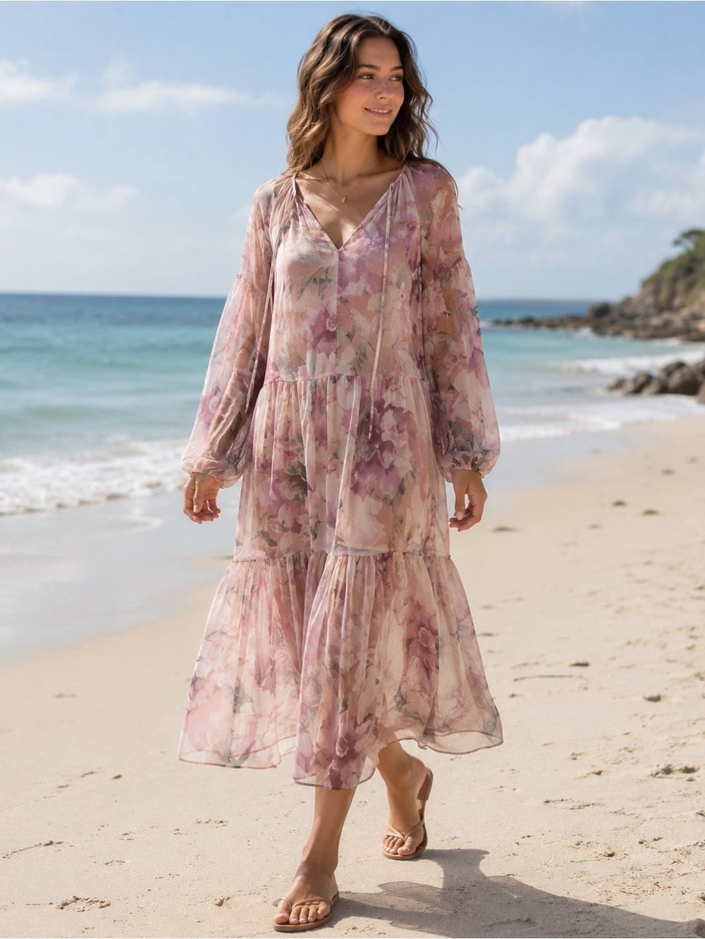 H&M Pink Floral Pleated Midi Dress - Picture 1 of 10